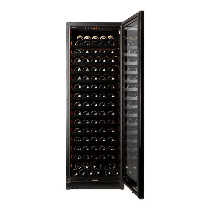 Wine cooler with open door displaying wine bottles on a white background